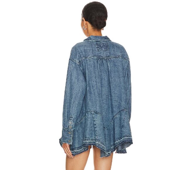 Free People We The Free Freya Denim Button Up Oversized Tunic Mini Dress Size M - Picture 3 of 17
